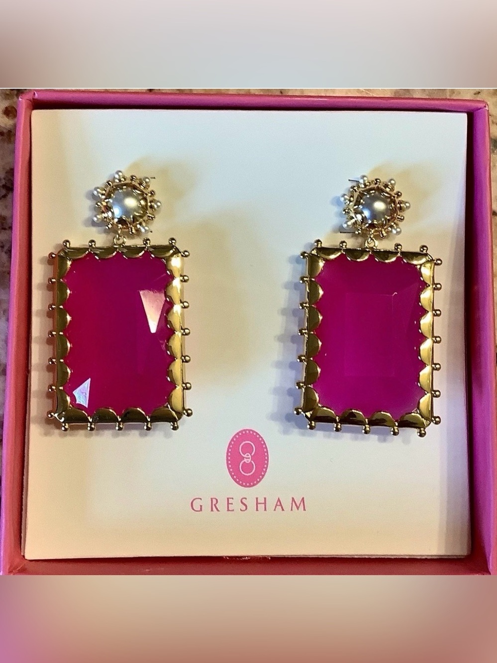 Barbie Hot Pink Glass and Pearl Drop Earrings with Gold Trim